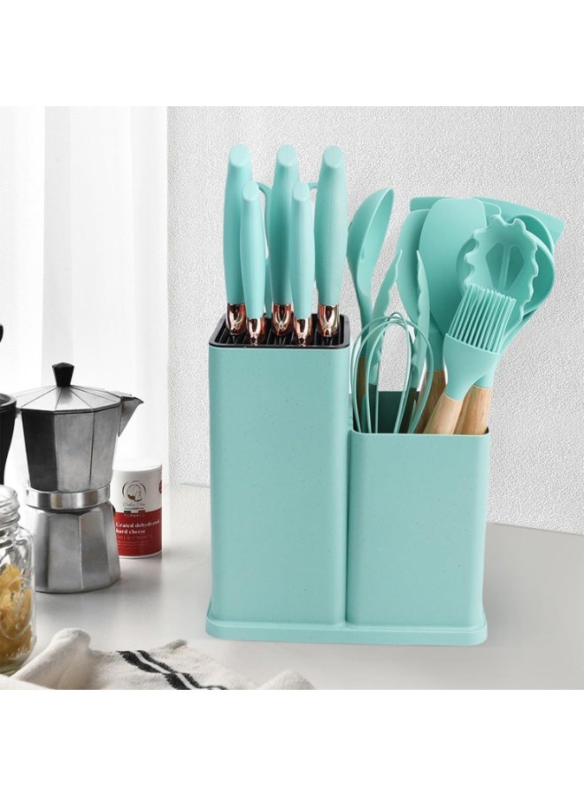 DubaiGallery Complete Cooking Tool 19Pcs Set Including Knives, Spatulas, Whisks, Tongs, Cutting Board, Storage Holder, Soft Mint Green Silicone, Natural Wood Texture, Clean Background Composition, Everyday Kitchen Functionality - Image 3